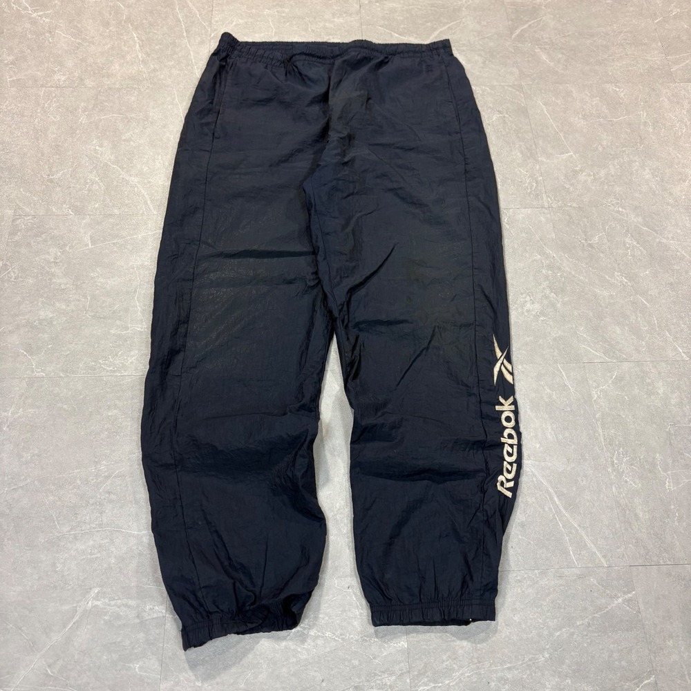 Vintage Reebok Mens Navy Blue Nylon Track Pants Joggers Large 90s Sportswear